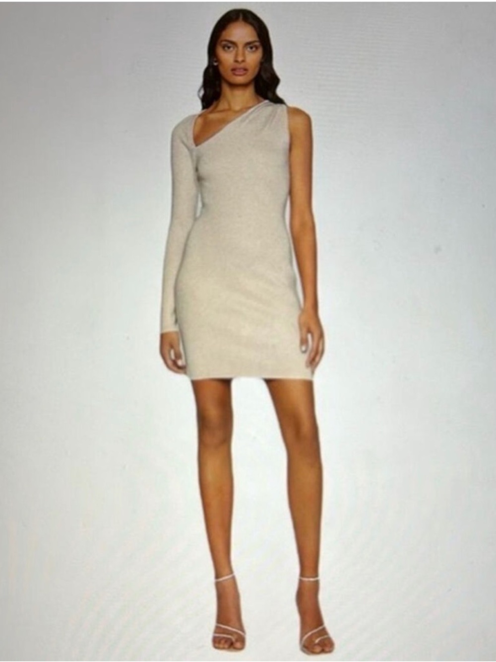 Abercrombie & Fitch One-Shoulder Long-Sleeve Bodycon Dress in Light Beige